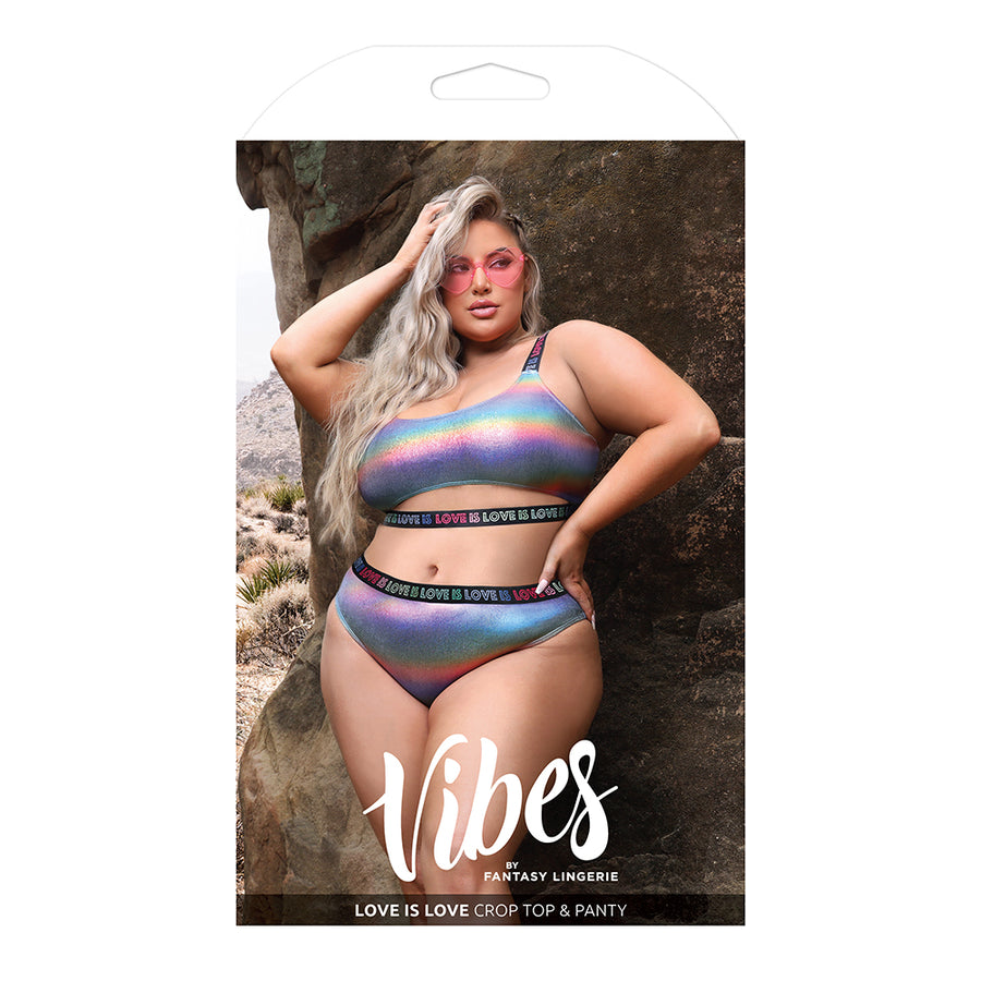 Fantasy Lingerie Vibes Love Is Love Underboob Cut Out Top &amp; Cheeky Panty Rainbow Holo Queen Size