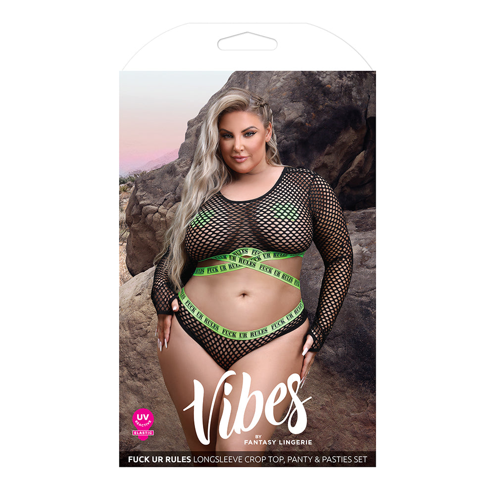 Fantasy Lingerie Vibes Fuck Ur Rules Long Sleeve Fishnet Top & Panty With Uv Reactive Elastic And 1