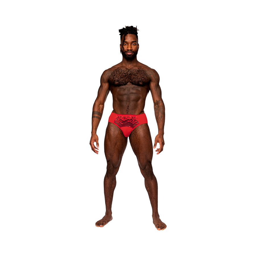 Male Power Sassy Lace Bikini Solid Pouch Red Xl