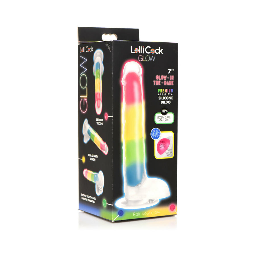 Lollicock Silicone Dildo With Balls 7 In. Rainbow Glow In The Dark