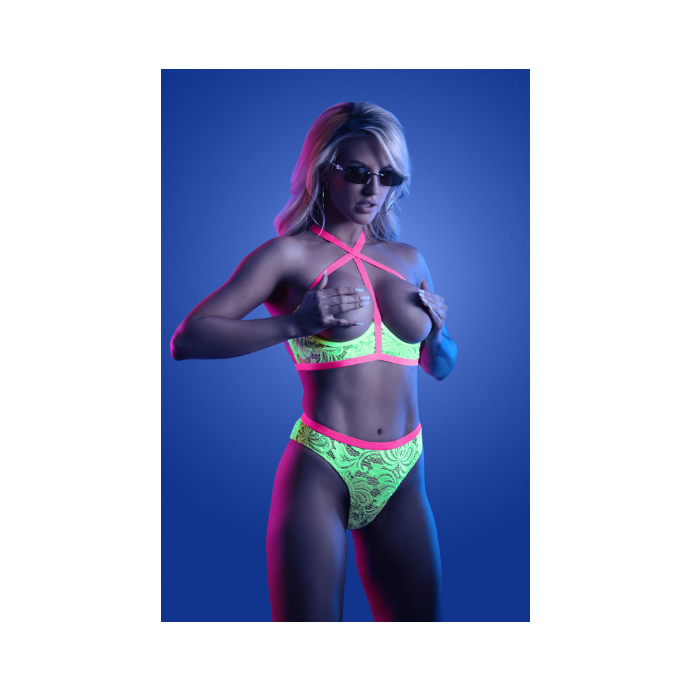 Fantasy Lingerie Glow Persuasive Contrast Elastic Open Cup Lace Cage Bra & Panty Neon Green M/L
