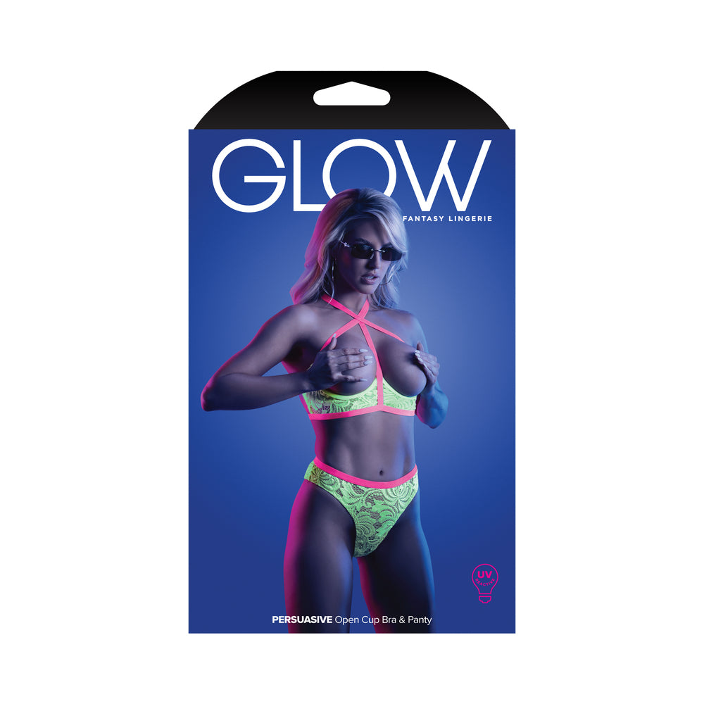 Fantasy Lingerie Glow Persuasive Contrast Elastic Open Cup Lace Cage Bra & Panty Neon Green L/Xl