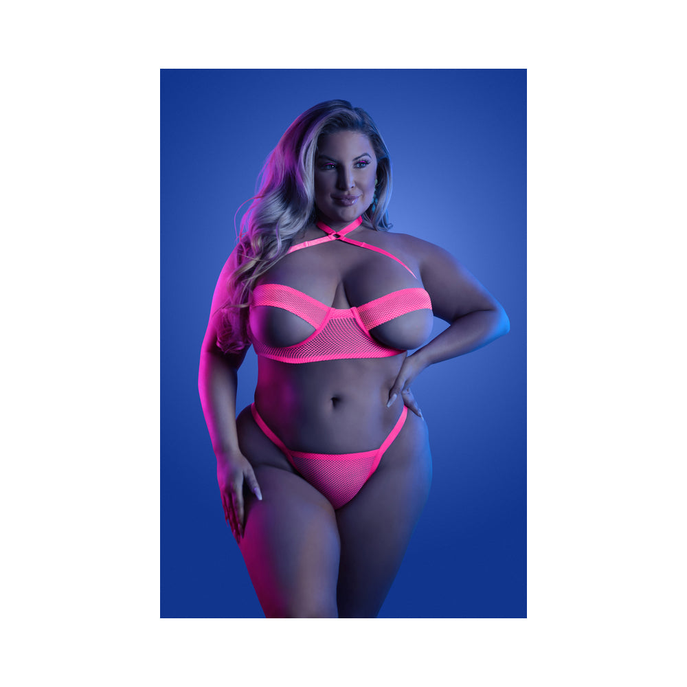 Fantasy Lingerie Glow Slow Motion Peek-A-Boo Bra & Panty Neon Pink Queen Size