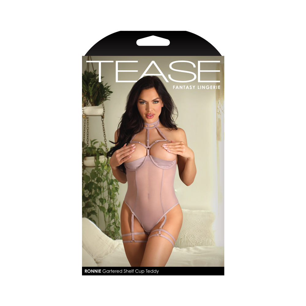 Fantasy Lingerie Tease Ronnie Caged Shelf Cup Teddy With Snap Closure & Leg Garters Pale Mauve M/L