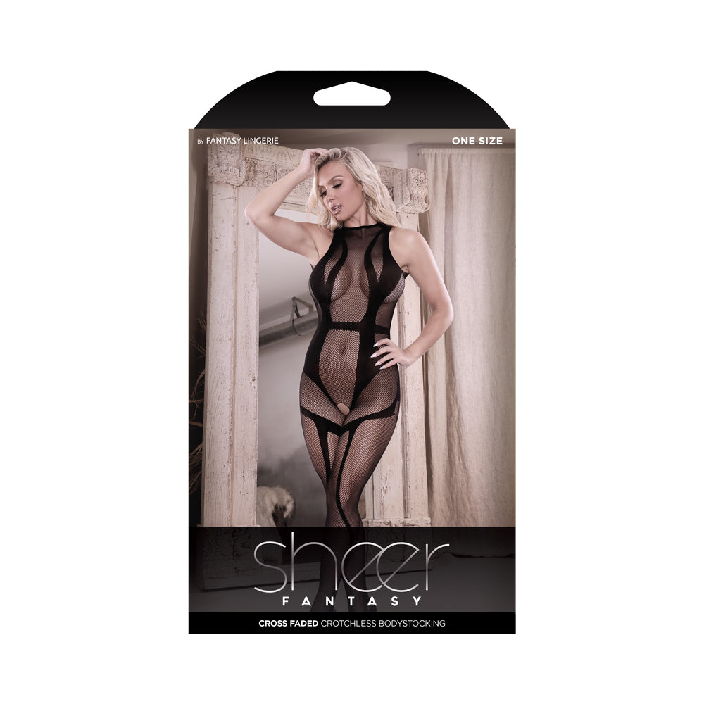 Cross Faded High Neck Crotchless Bodystocking