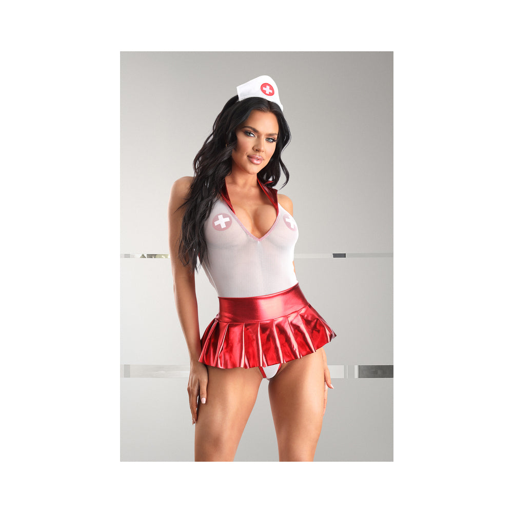 Fantasy Lingerie Play Pulse Check Collared Teddy With Open Back: Pleated Skirt: Medic Hat & 1 Pair Of Pasties Costume S/M