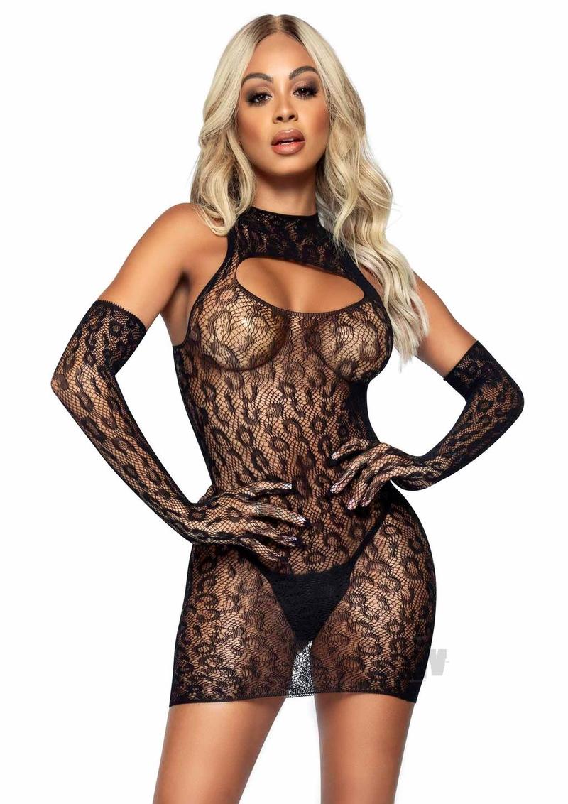 2 Pc. Leopard Net Dress and Gloves - One Size - Black