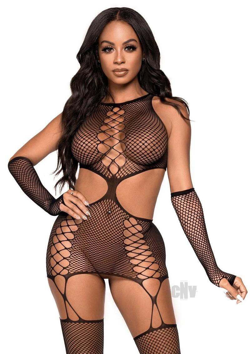 2 Pc Net Garter Dress With Attached Stockings and  Matching Gloves - One Size - Black