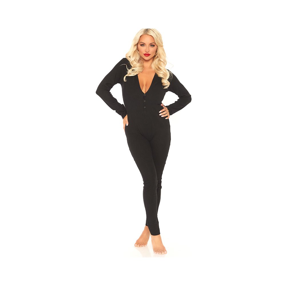 Cozy Brushed Rib Long Johns With Cheeky Snap Closure Back Flap. Black Sml/med-blank-Sexual Toys®