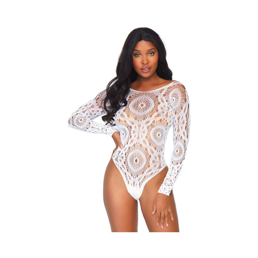 Crochet Lace Long Sleeved Snap Crotch Thong Back Teddy-blank-Sexual Toys®