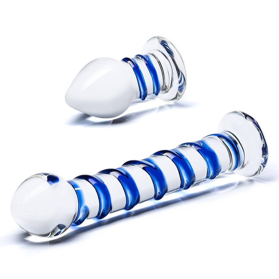 Glas 2-piece Double Penetration Glass Swirly Dildo &amp; Butt Plug Set-Electric Eel-Sexual Toys®