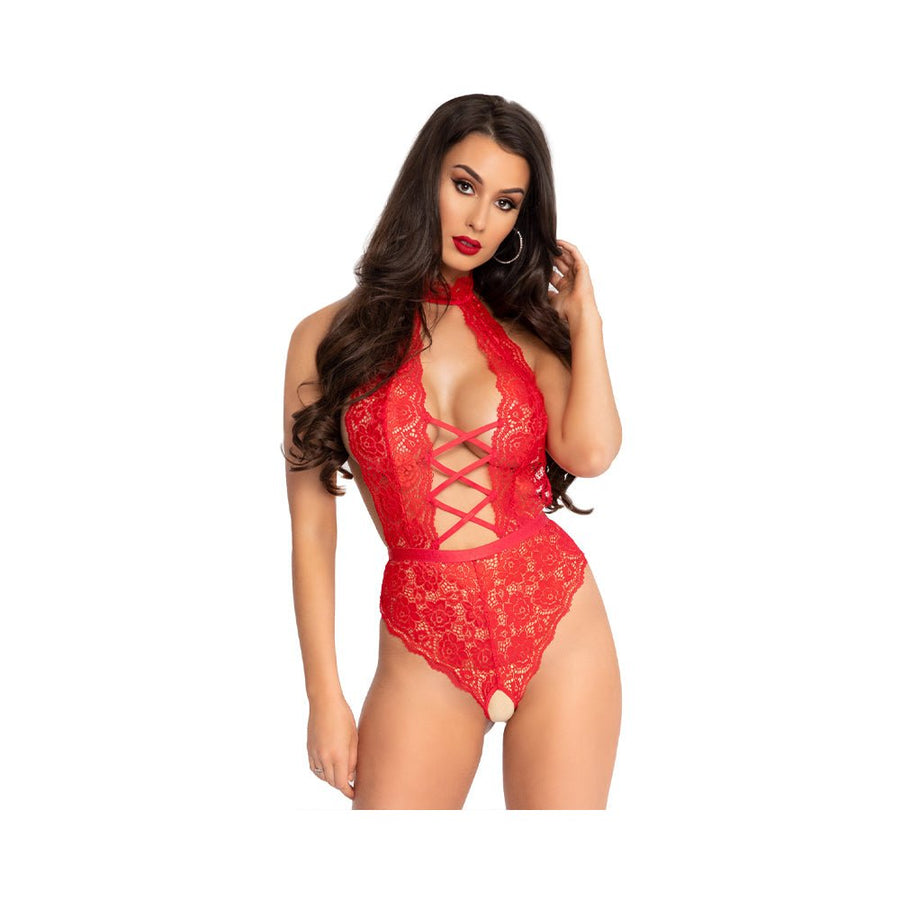 High Neck Floral Backless Teddy With Crotchless Thong Panty Red Large-blank-Sexual Toys®