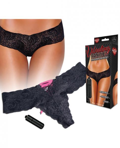 Hustler Vibrating Panties Lace Up Back Thong Black S/M-blank-Sexual Toys®