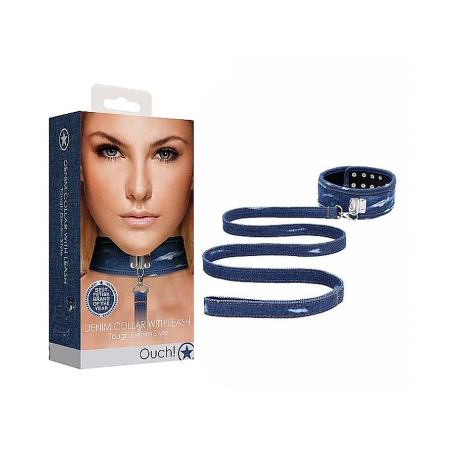 Ouch! Denim Collar - With Leash - Roughened Denim Style - Blue-Shots-Sexual Toys®