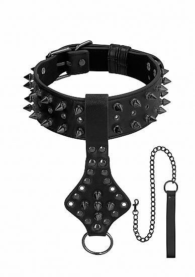 Ouch! Skulls &amp; Bones Neck Chain With Spikes And Leash Black-Shots-Sexual Toys®