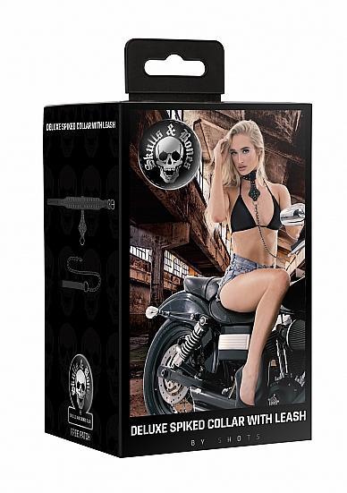 Ouch! Skulls & Bones Neck Chain With Spikes And Leash Black-Shots-Sexual Toys®
