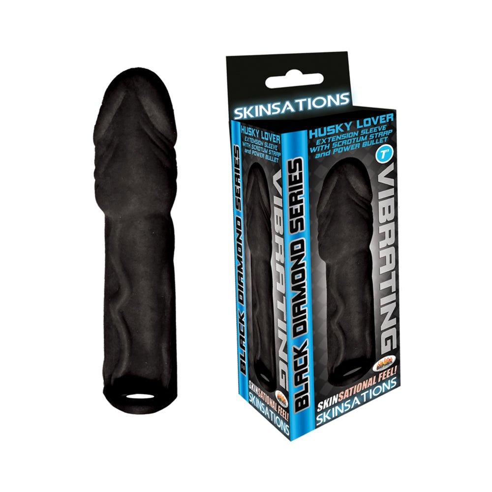 Skinsations Black Diamond Series Husky Lover Extension Sleeve With Power Bullet & Scrotum Strap 7in-blank-Sexual Toys®