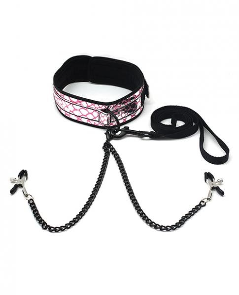 Spartacus Faux Leather Collar, Leash Black Nipple Clamps Pink-Spartacus-Sexual Toys®