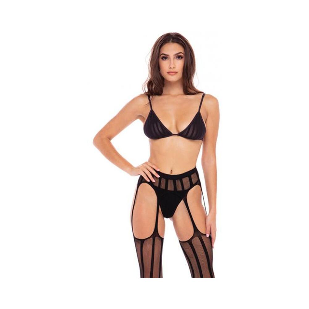 Straight Up 3-piece Sheer Striped Bra, Thong, And Garter Set Black M/l-blank-Sexual Toys®