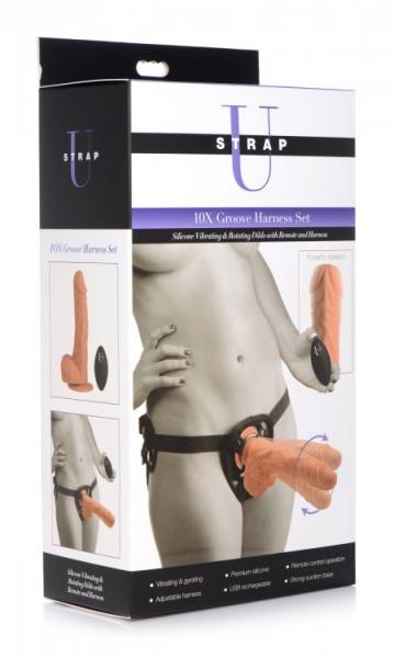 Strap U 10x Groove Silicone Vibrating &amp; Rotating Dildo W/ Remote &amp; Harness-blank-Sexual Toys®
