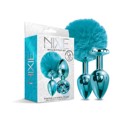 Nixie Metal Butt Plug Set Pom Pom And Jewel-inlaid Metallic Blue