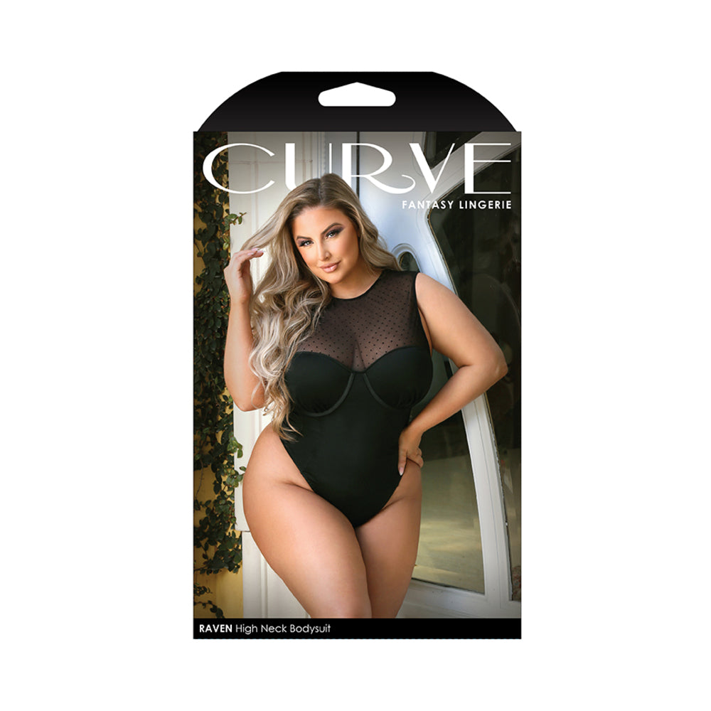 Fantasy Lingerie Curve Raven High-Neck Bodysuit With Back Cutout And Snap Closure