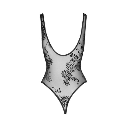 Noir Handmade Tulle Bodysuit With Patterned Flock Embroidery