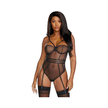 Dreamgirl Sheer Stretch Mesh Snap Crotch Teddy With Removable Garter