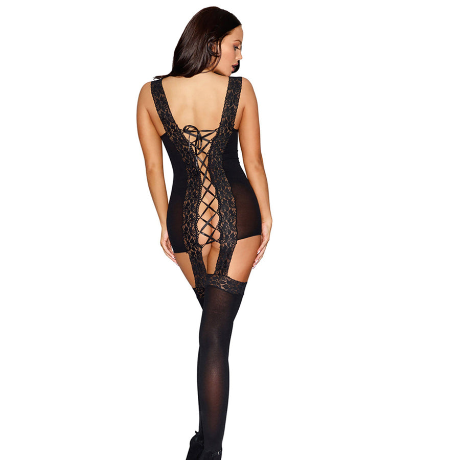 Dreamgirl Sheer, Stretch Lace Garter Dress with Lace-trimmed Straps, Satin Ribbon Lace-up Back Detail