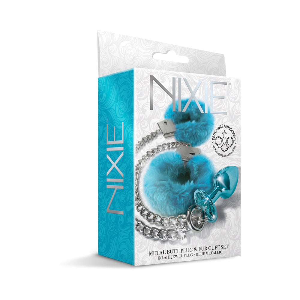Nixie Metal Butt Plug & Furry Handcuff Set Mediumblue Metallic