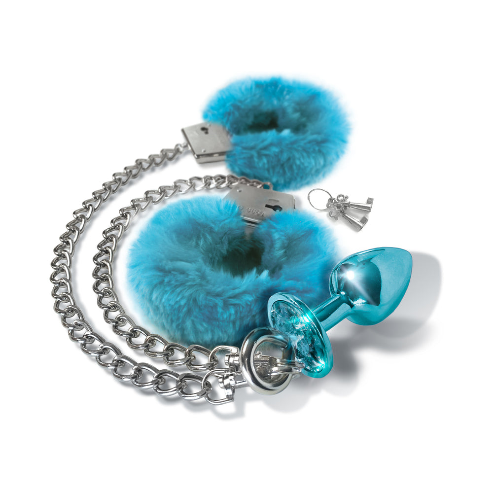 Nixie Metal Butt Plug &amp; Furry Handcuff Set Mediumblue Metallic