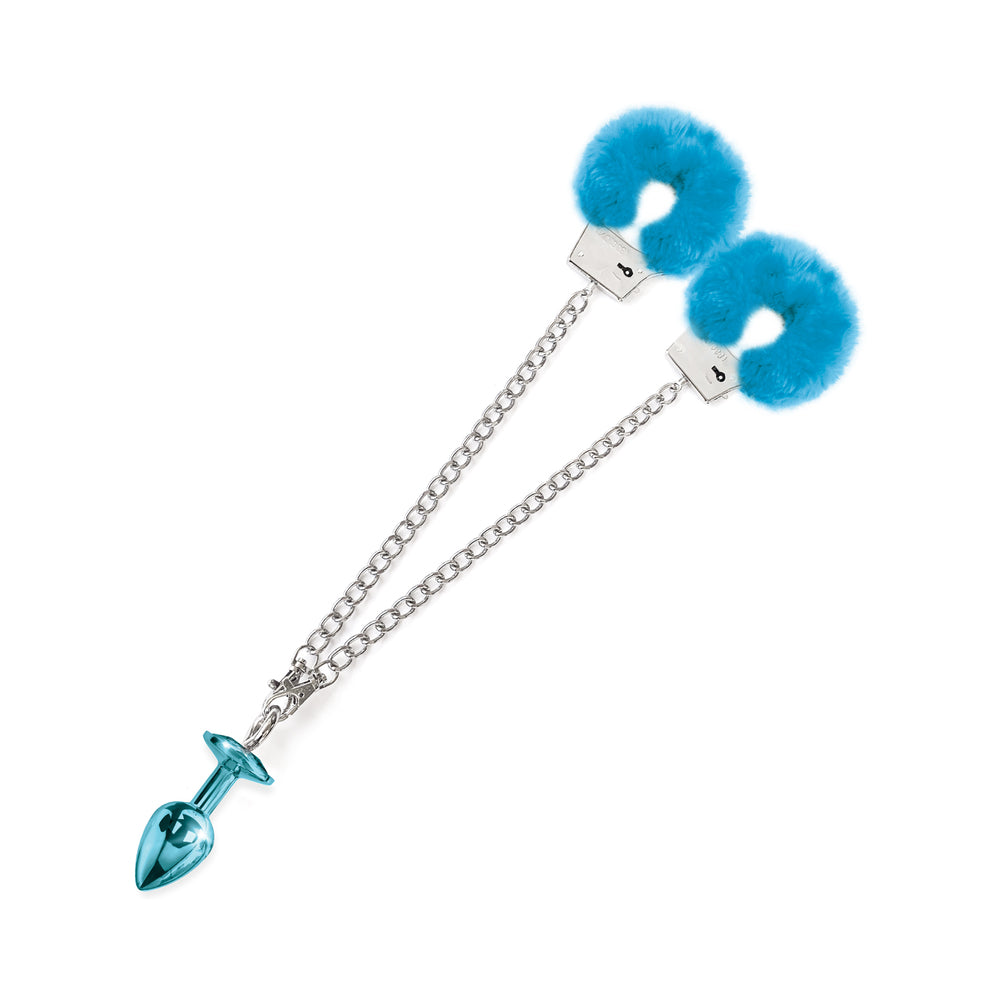 Nixie Metal Butt Plug &amp; Furry Handcuff Set Mediumblue Metallic