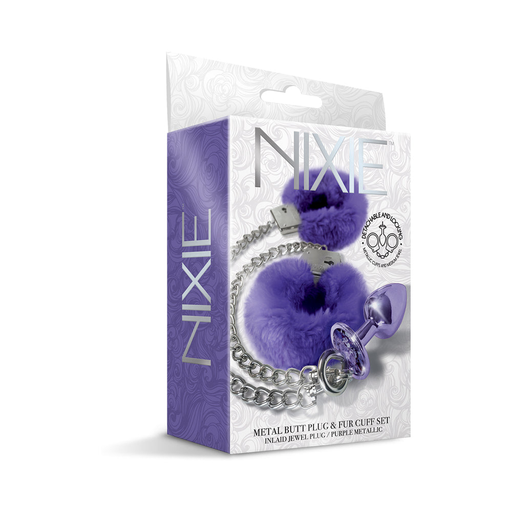 Nixie Metal Butt Plug &amp; Furry Handcuff Set Medium Purple Metallic