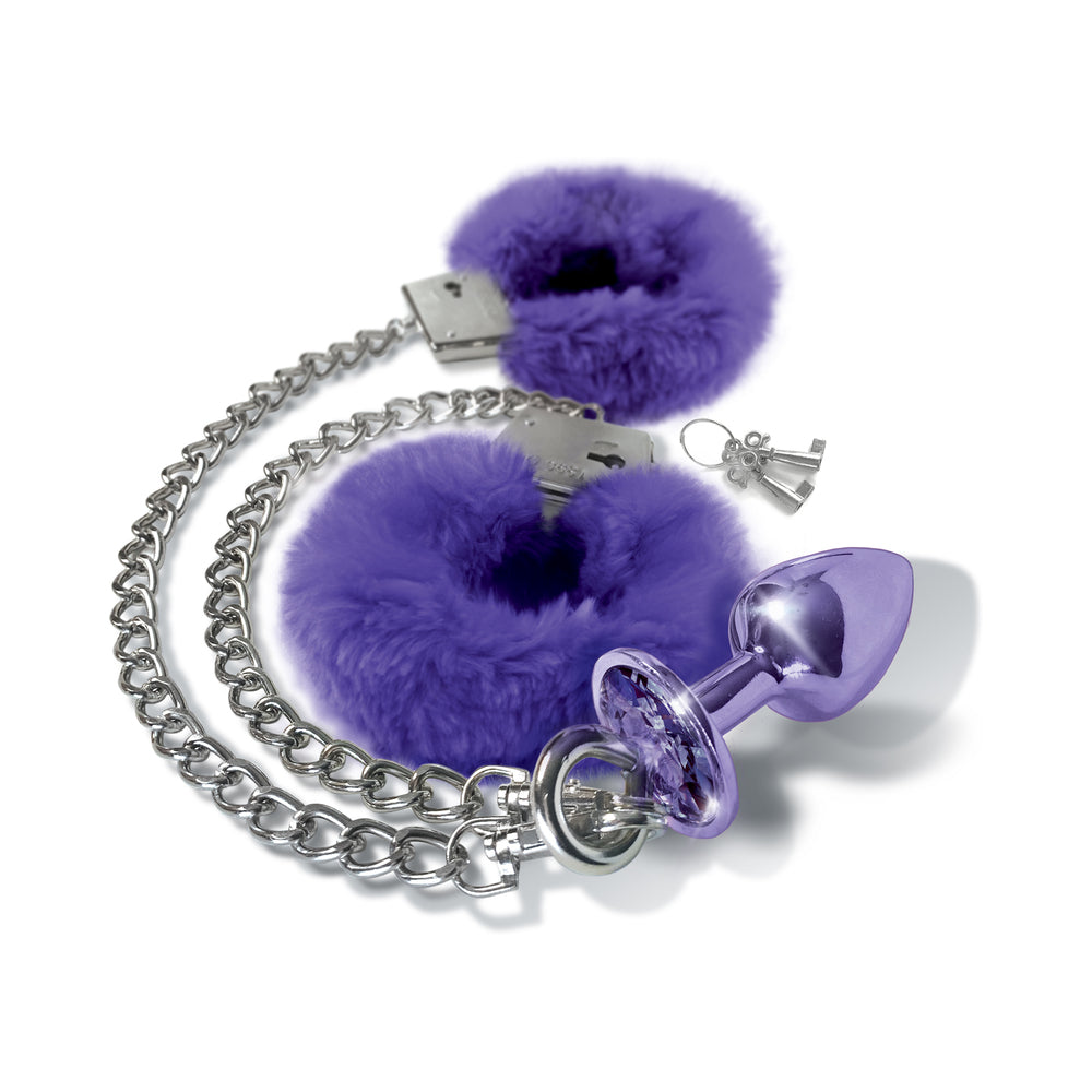 Nixie Metal Butt Plug &amp; Furry Handcuff Set Medium Purple Metallic