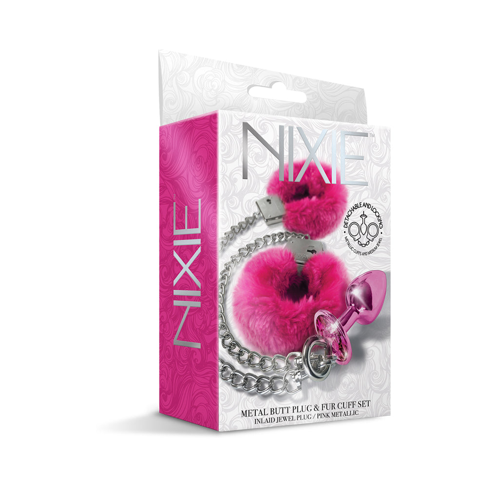 Nixie Metal Butt Plug &amp; Furry Handcuff Set Medium Pink Metallic