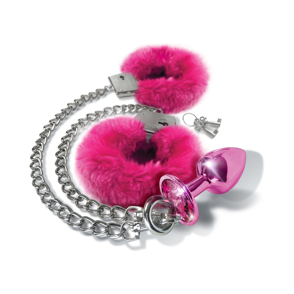 Nixie Metal Butt Plug &amp; Furry Handcuff Set Medium Pink Metallic