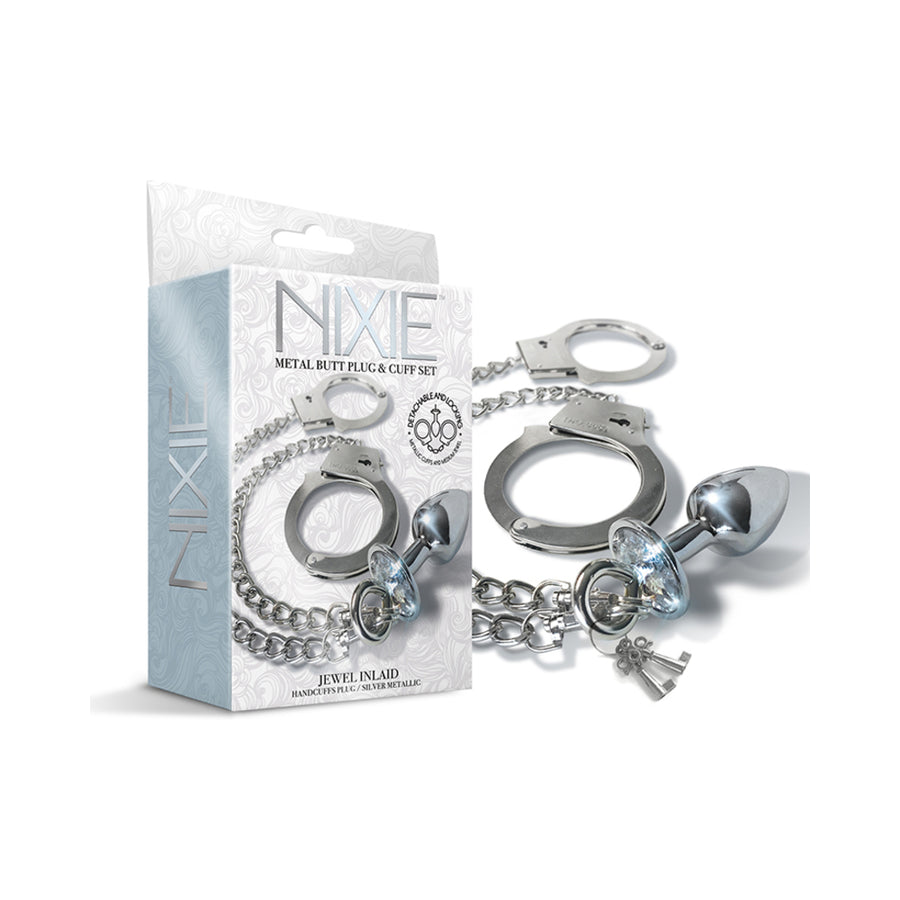 Nixie Metal Butt Plug &amp; Handcuffs Set Silver