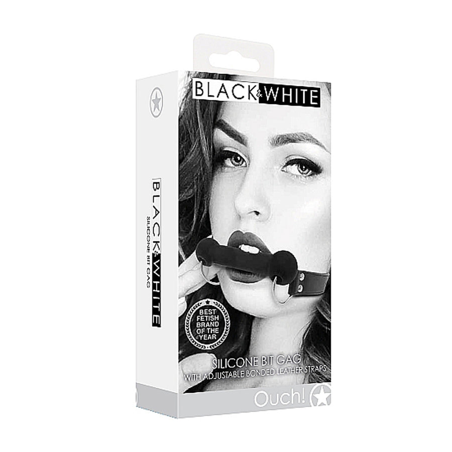 Ouch! Black &amp; White Silicone Bit Gag With Adjustable Bonded Leather Straps Black