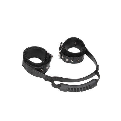 Ouch! Black &amp; White Bonded Leather Hand Cuffs With Handle With Adjustable Straps Black