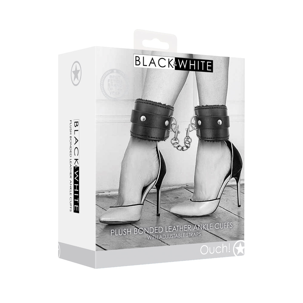 Ouch! Black &amp; White Plush Bonded Leather Ankle Cuffs With Adjustable Straps Black