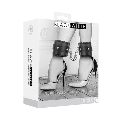 Ouch! Black &amp; White Plush Bonded Leather Ankle Cuffs With Adjustable Straps Black