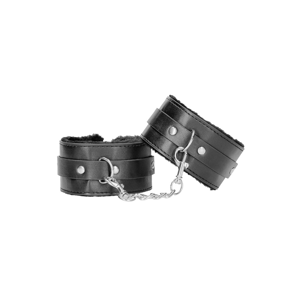 Ouch! Black &amp; White Plush Bonded Leather Ankle Cuffs With Adjustable Straps Black
