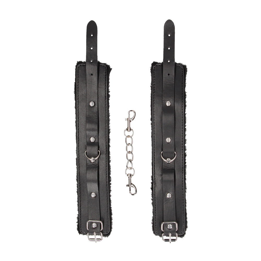 Ouch! Black &amp; White Plush Bonded Leather Ankle Cuffs With Adjustable Straps Black