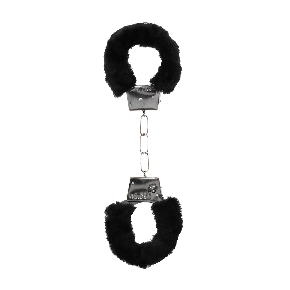 Ouch! Black &amp; White Pleasure Furry Handcuffs With Quick-Release Button