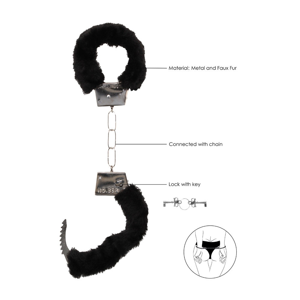 Ouch! Black &amp; White Pleasure Furry Handcuffs With Quick-Release Button