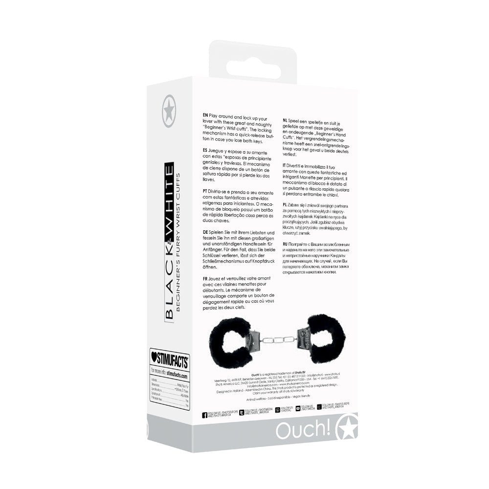 Ouch! Black &amp; White Pleasure Furry Handcuffs With Quick-Release Button