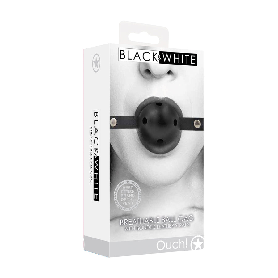Ouch! Black &amp; White Breathable Ball Gag With Bonded Leather Straps Black