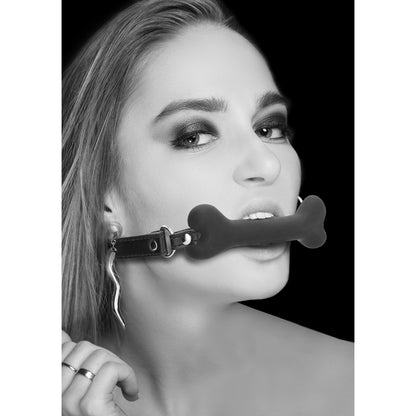 Ouch! Black &amp; White Silicone Bone Gag With Adjustable Bonded Leather Straps Black