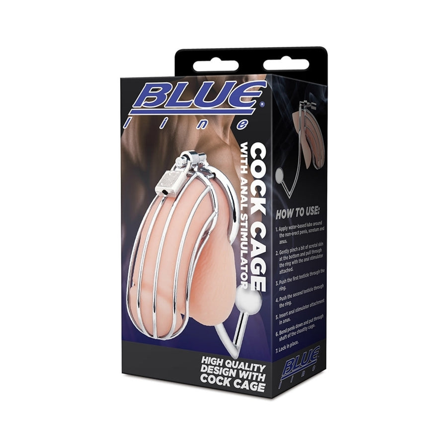 Blue Line Metal Cock Cage With Anal Stimulator