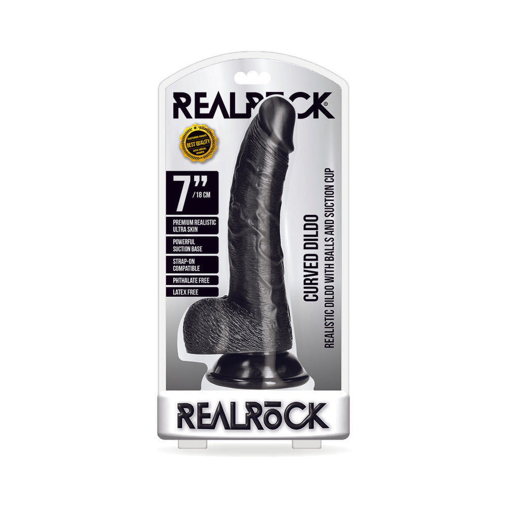 Realrock Curved Realistic Dildo With Balls And Suction Cup 7 In. Dark